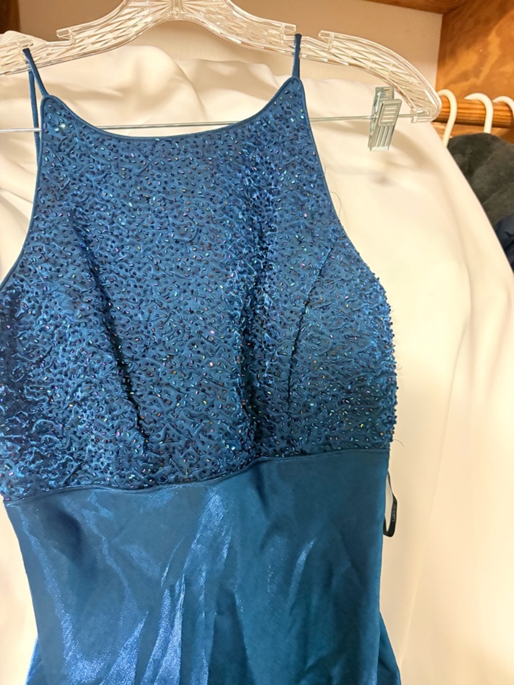Betsy & Adam Teal Blue Sequin Halter Evening Gown - Picture 3 of 7